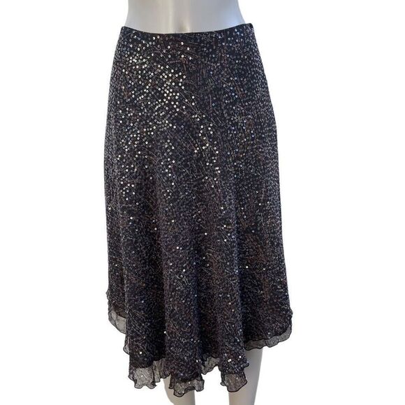 Vtg Worth Evening Midi Skirt Size 6 Brown Sequin 100% silk Asymmetrical Layered - Picture 2 of 16